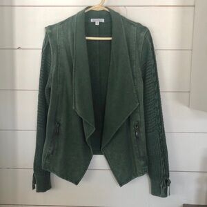 North Style Forest Green Open Front Cardigan Distressed Jersey with Knit Sleeves